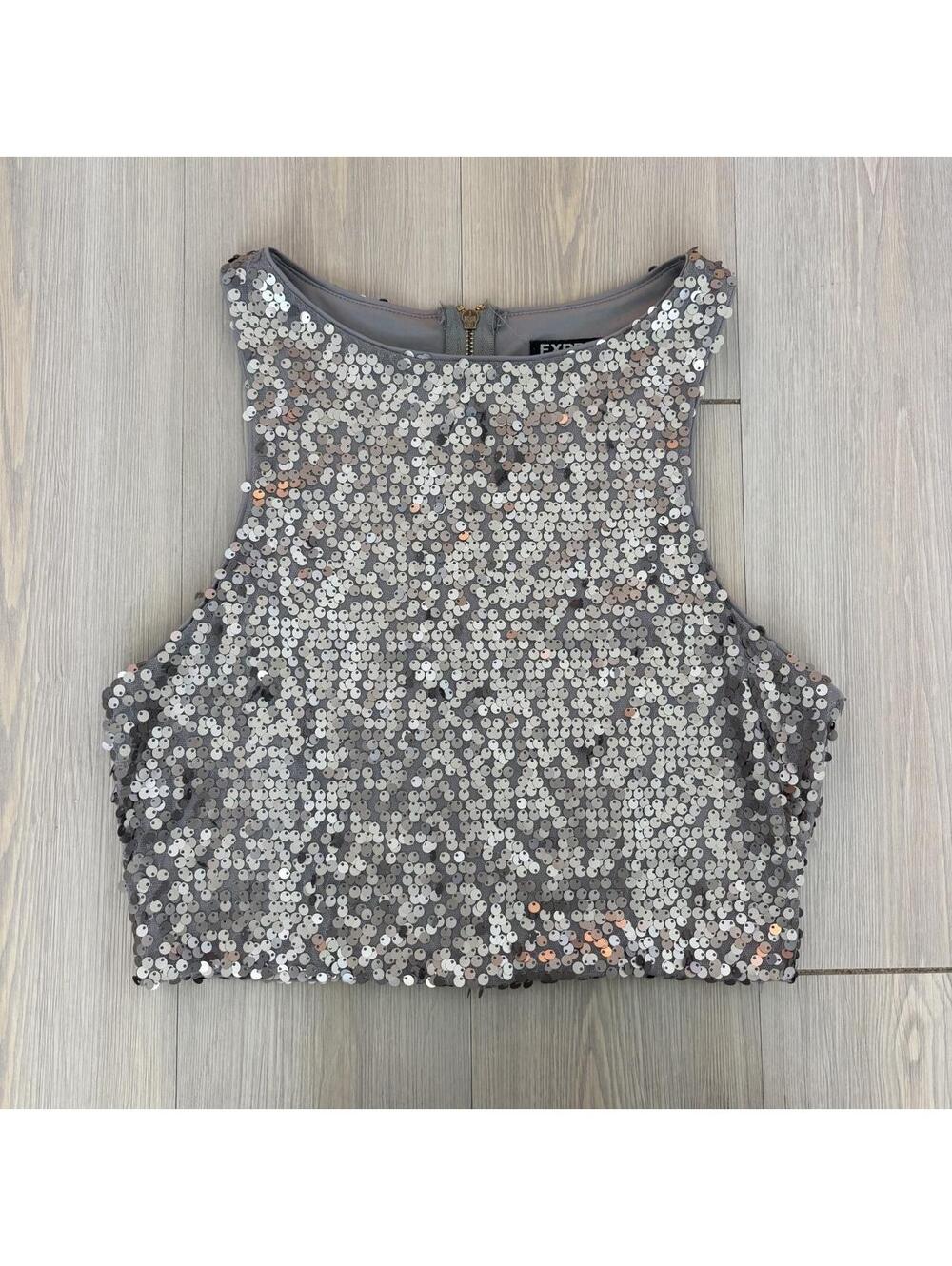Express Silver Sequined High Neck Sleeveless Crop Top Size Small Zip Back